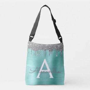 Silver Teal Glitter Brushed Metall Monogram Namn Axelväska