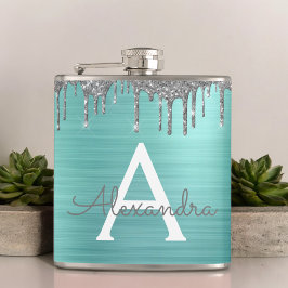 Silver Teal Glitter Brushed Metall Monogram Namn Fickplunta