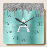 Silver Teal Glitter Brushed Metall Monogram Namn Fyrkantig Klocka<br><div class="desc">Silver och Teal Aqua Blue Faux Foil Metallic Gnistra Glitter Brushed Metall Monogram Namn och initial Luxury Wall Clock. Det gör perfekten söt 16-årsjubileum,  bröllop,  möhippa,  årsdag,  babydusch eller bachelorette-fest för någon som glam lyxen och chic stilar i kärlek.</div>