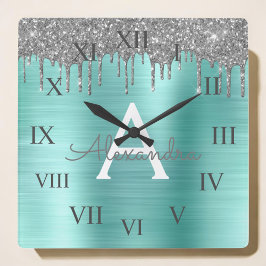 Silver Teal Glitter Brushed Metall Monogram Namn Fyrkantig Klocka