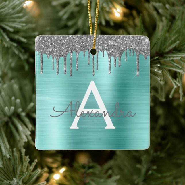Silver Teal Glitter Brushed Metall Monogram Namn Julgransprydnad Keramik (Träd)