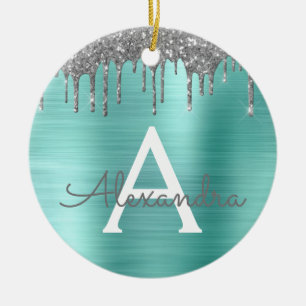 Silver Teal Glitter Brushed Metall Monogram Namn Julgransprydnad Keramik