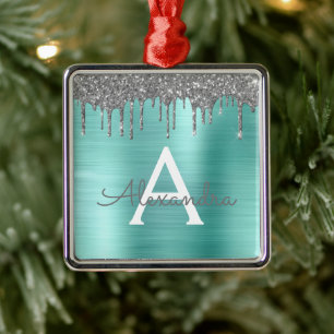 Silver Teal Glitter Brushed Metall Monogram Namn Julgransprydnad Metall