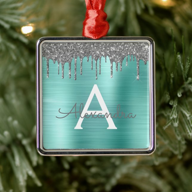 Silver Teal Glitter Brushed Metall Monogram Namn Julgransprydnad Metall (Träd)