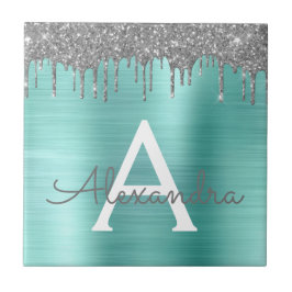 Silver Teal Glitter Brushed Metall Monogram Namn Kakelplatta