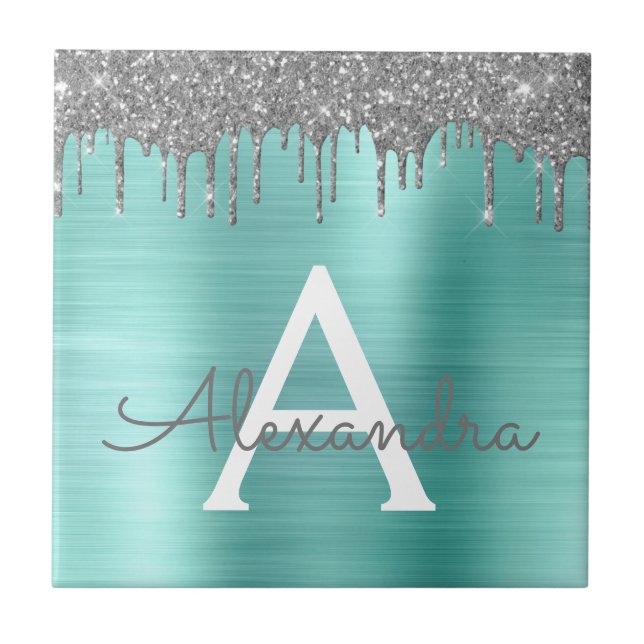 Silver Teal Glitter Brushed Metall Monogram Namn Kakelplatta (Framsidan)