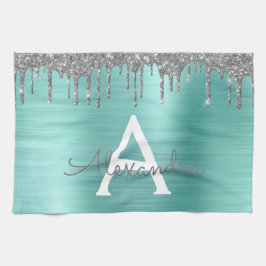 Silver Teal Glitter Brushed Metall Monogram Namn Kökshandduk