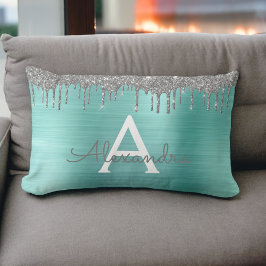 Silver Teal Glitter Brushed Metall Monogram Namn Lumbarkudde