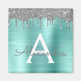 Silver Teal Glitter Brushed Metall Monogram Namn Magnet