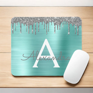 Silver Teal Glitter Brushed Metall Monogram Namn Musmatta