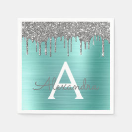 Silver Teal Glitter Brushed Metall Monogram Namn Pappersservett