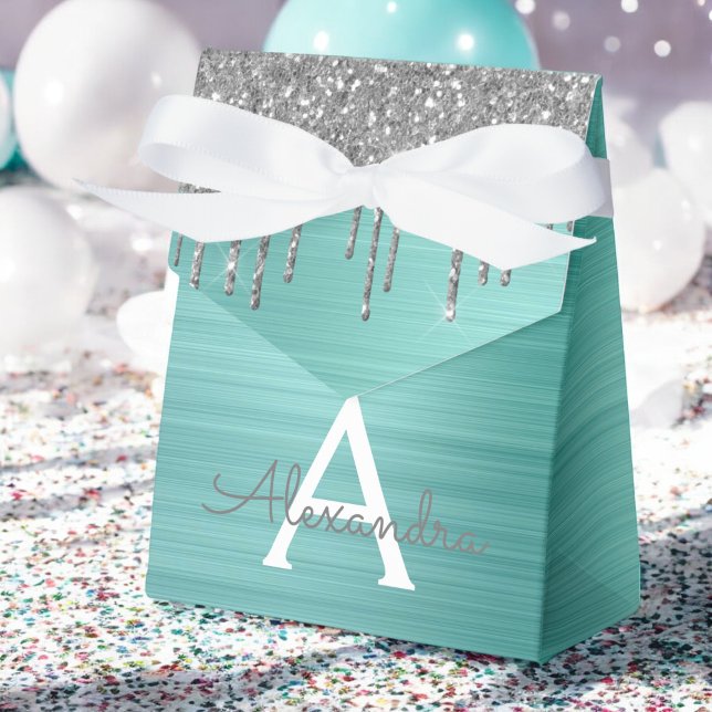 Silver Teal Glitter Brushed Metall Monogram Namn Presentaskar (Skapare uppladdad)