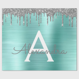 Silver Teal Glitter Brushed Metall Monogram Namn Presentpapper