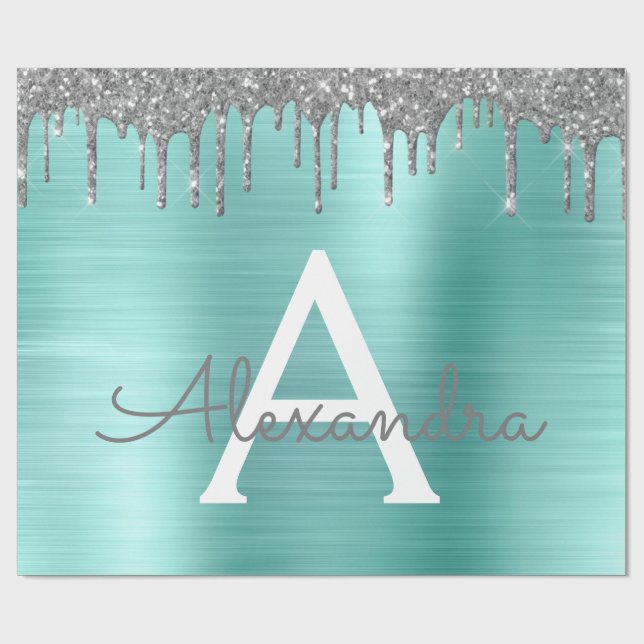 Silver Teal Glitter Brushed Metall Monogram Namn Presentpapper (Platt)
