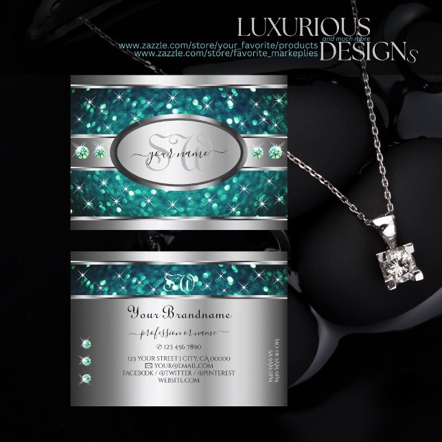 Silver Teal Glitter Gnistra Rhinestones Initialer Visitkort (Skapare uppladdad)
