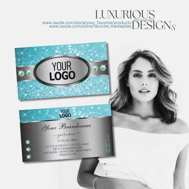 Silver Teal Glitter Gnistra Rhinestones och Logoty Visitkort (Skapare uppladdad)