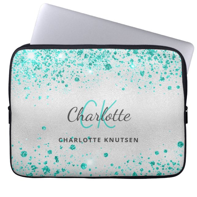 Silver teal glitter grönt monogram namn laptop fodral (Framsidan)