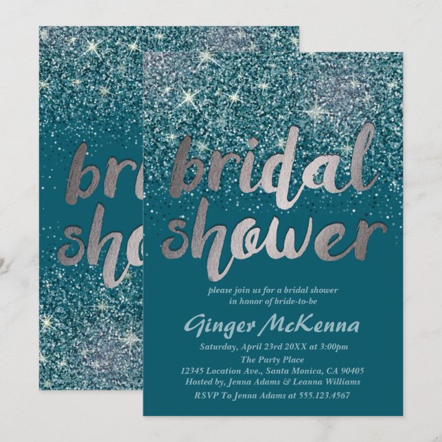 Silver & Teal Glitter Inbjudningskort för möhippa (Fram/baksida)