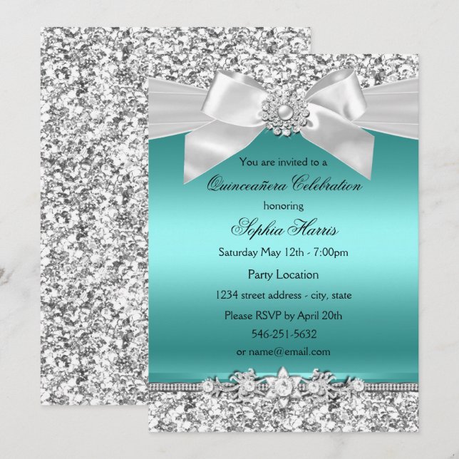 Silver Teal Glitter & Jewel Bow Quinceanera Inbjudningar (Fram/baksida)