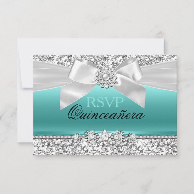 Silver Teal Glitter & Jewel Bow Quinceanera RSVP OSA Kort (Framsida)