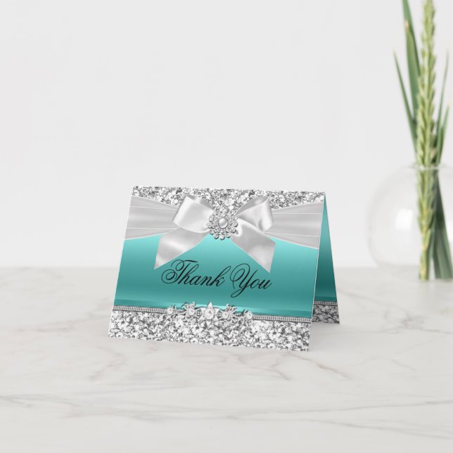 Silver Teal Glitter & Jewel Bow Tacksamhetskort Tack Kort (Framsida)