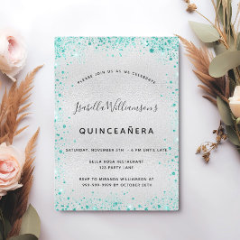 Silver teal glitter Quinceanera Inbjudningar