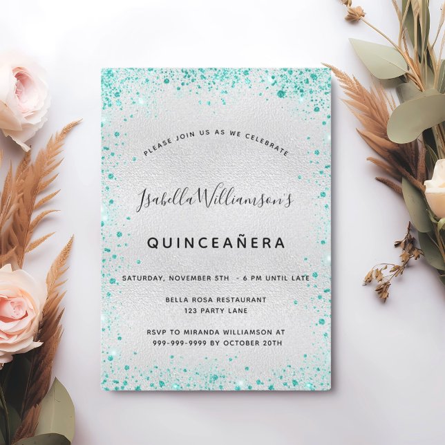 Silver teal glitter Quinceanera Inbjudningar (Skapare uppladdad)