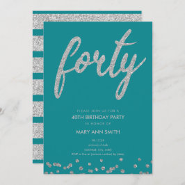 Silver Teal Glitter typ 40:e födelsedag Party Inbjudningar