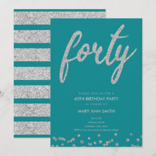 Silver Teal Glitter typ 40:e födelsedag Party Inbjudningar