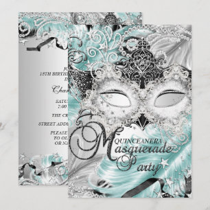 Silver Teal Glittermaskerad Quinceanera Inbjudningar