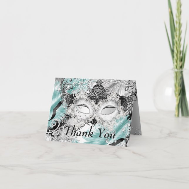 Silver Teal Glittermaskerad Tack Kort (Framsida)