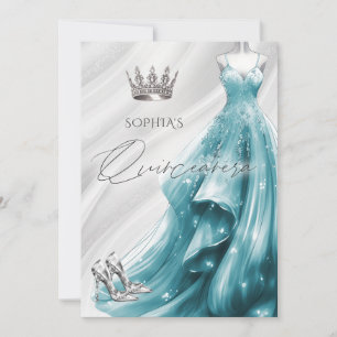 Silver Teal Glittrande Klänning Quinceañera Quince Inbjudningar