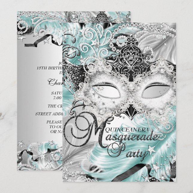 Silver Teal Gnistra Mask MasqueraQuinceanera Inbjudningar (Fram/baksida)