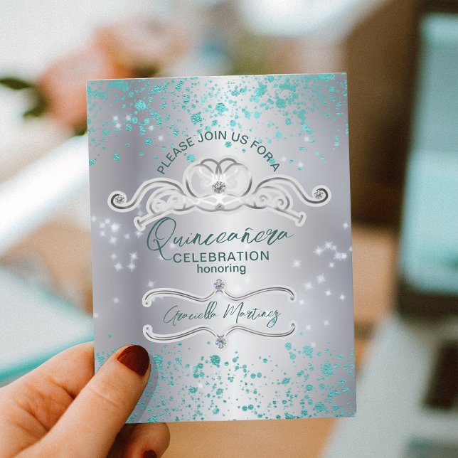 Silver Teal Juvelbesatt Tiara Quinceañera-inbjudan Vykort (Skapare uppladdad)