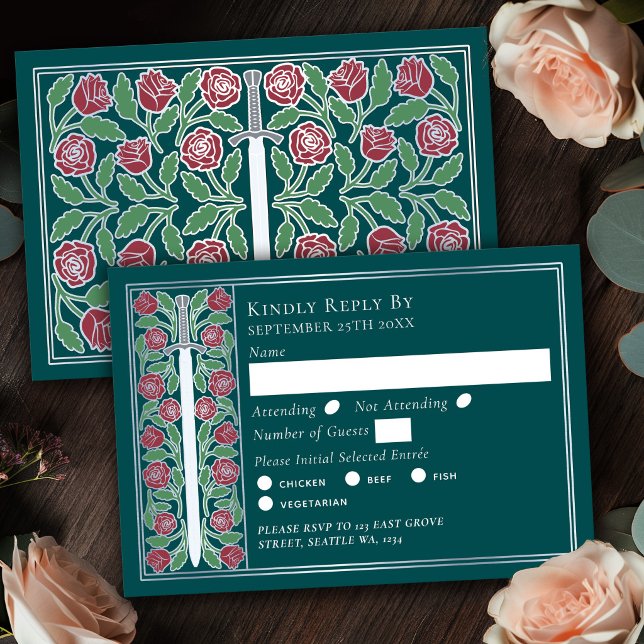 Silver Teal Medeltida Blommig Svärd Bröllop RSVP OSA Kort (Skapare uppladdad)