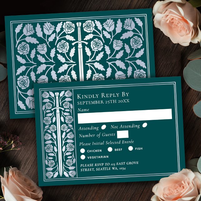 Silver Teal Medeltida Svärd Bröllop RSVP OSA Kort (Skapare uppladdad)