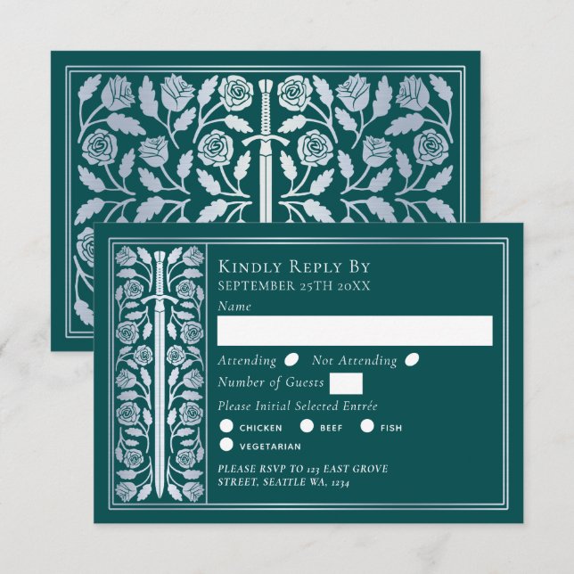 Silver Teal Medieval Sword Wedding RSVP OSA Kort (Fram/baksida)