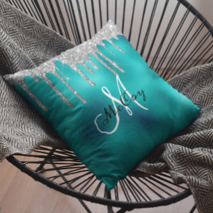 Silver Teal Metall Glitter Look Drippe Monogramm Kudde