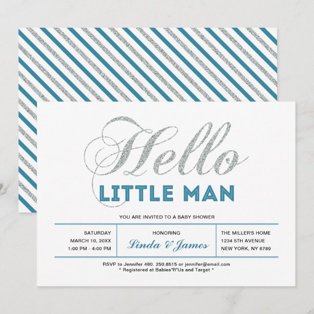 Silver, Teal | Modern typografi Pojke Babyshower Inbjudningar (Fram/baksida)