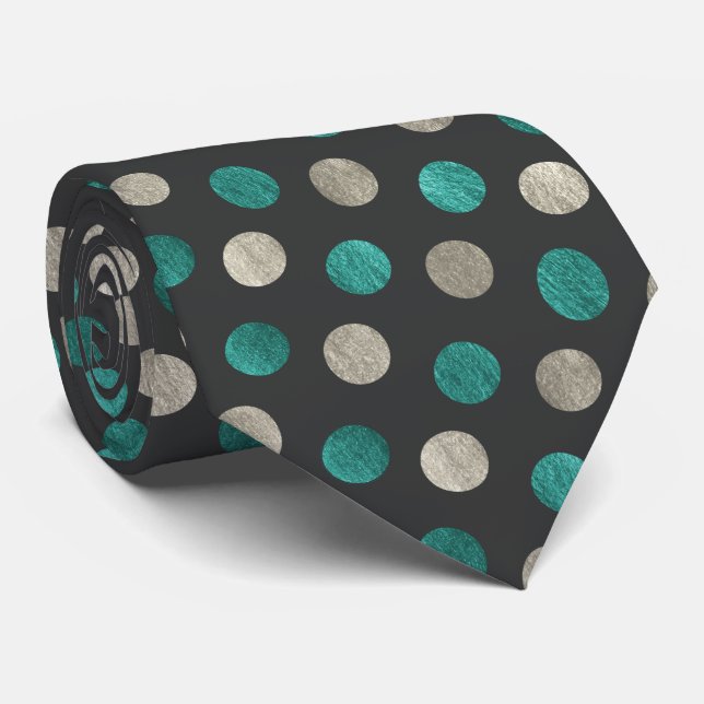 Silver & Teal Polka Dot Personlig Charcol Grått Slips (Rullad)