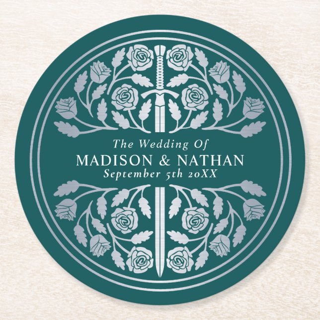 Silver Teal Royal Medieval Sword Wedding Underlägg Papper Rund (Framsidan)