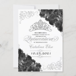 Silver Tiara Black Ro Glitter Quinceañera Inbjudningar