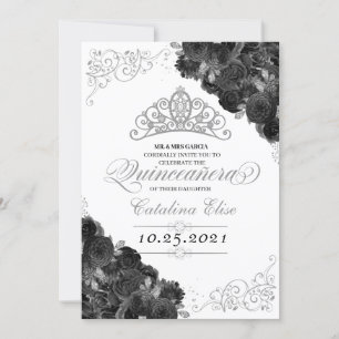 Silver Tiara Black Ro Glitter Quinceañera Inbjudningar