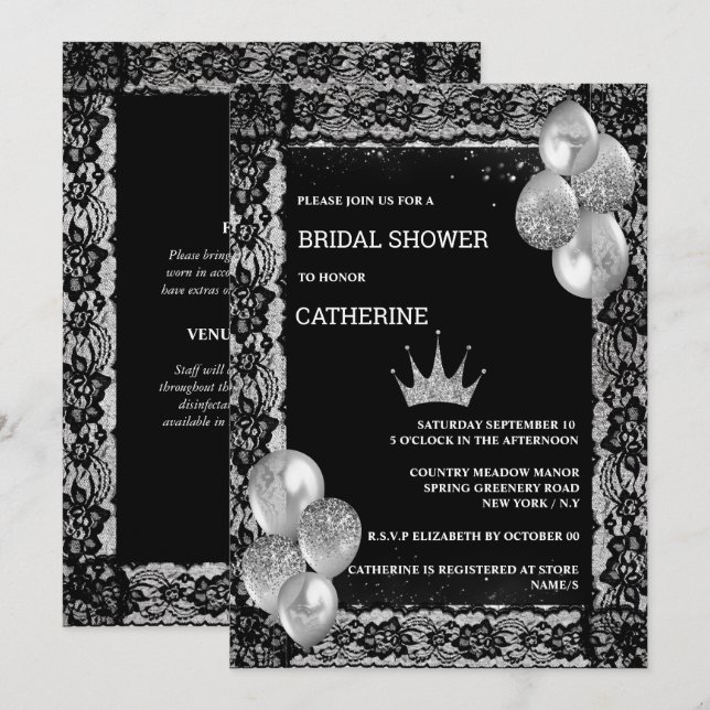 Silver tiara Black snöre-ballonger elegant party  Inbjudningar (Fram/baksida)