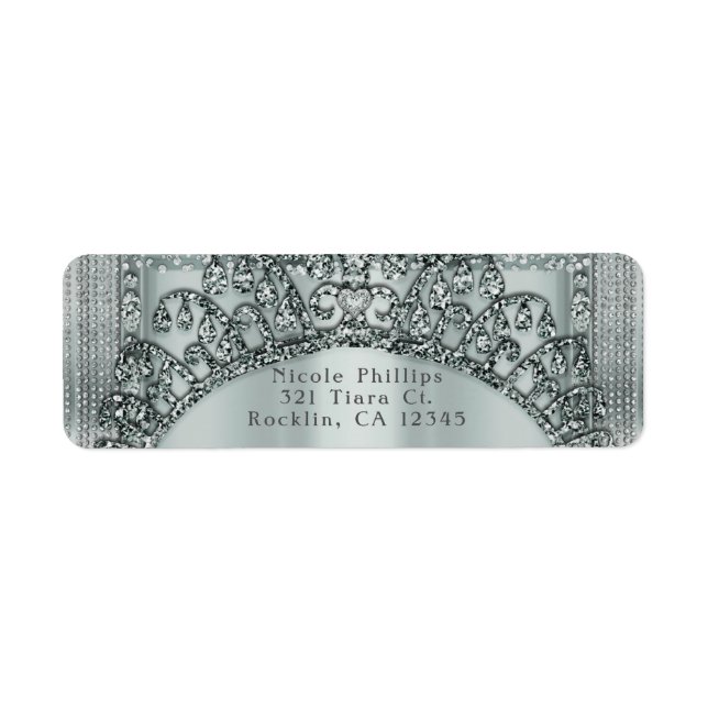 Silver Tiara Crown & Diamond Bling Inbjudan Returadress Etikett (Framsidan)