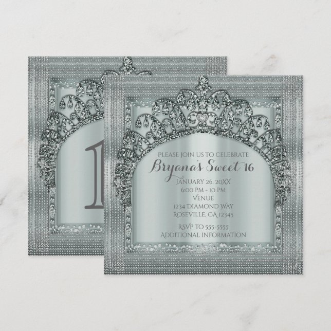 Silver Tiara Crown & Diamond Bling Inbjudningar (Fram/baksida)