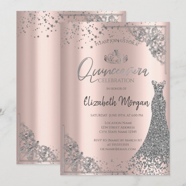 Silver Tiara Klänning Stjärnor Rose Guld Quinceañe Inbjudningar (Fram/baksida)