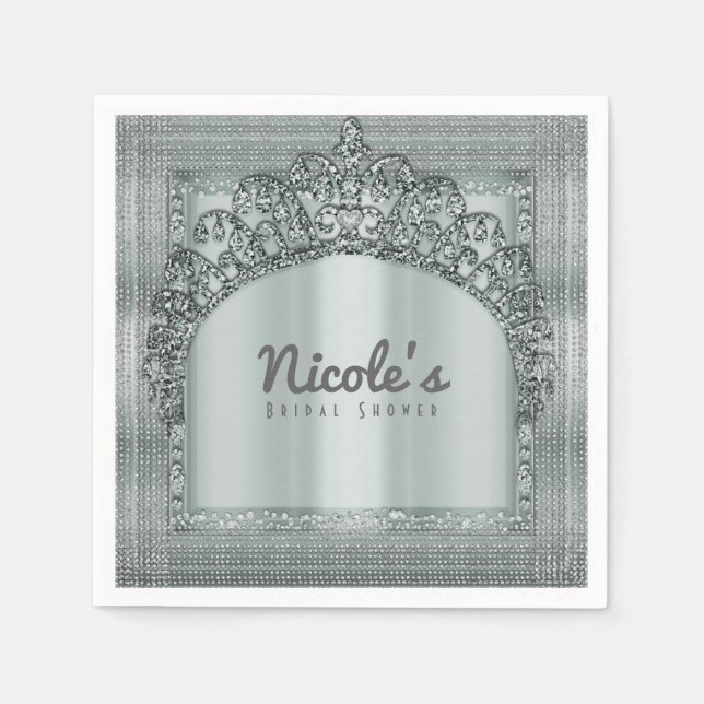 Silver Tiara Kron & Diamond Bling Party Elegant Pappersservett (Framsidan)