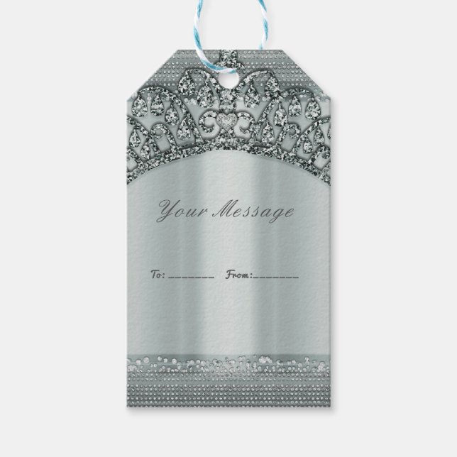 Silver Tiara Krona & Diamond Bling Party-förmån Presentetikett (Framsidan)