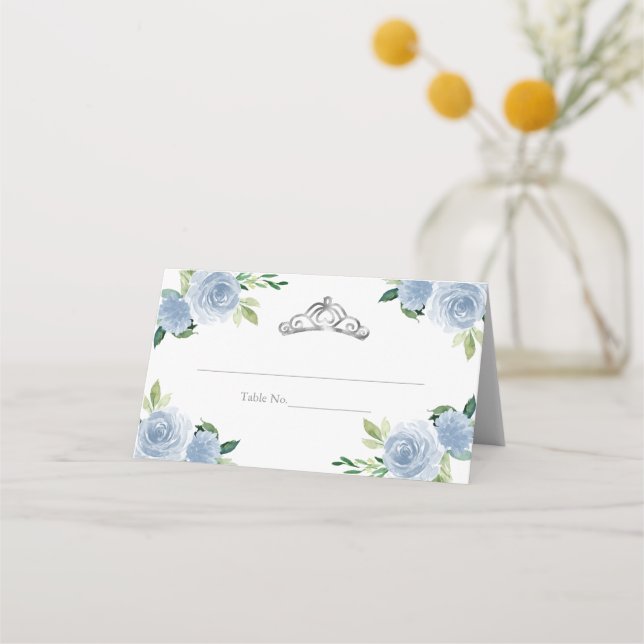 Silver Tiara Light Blue Blommigt Quinceanera Party Placeringskort (Framsida)